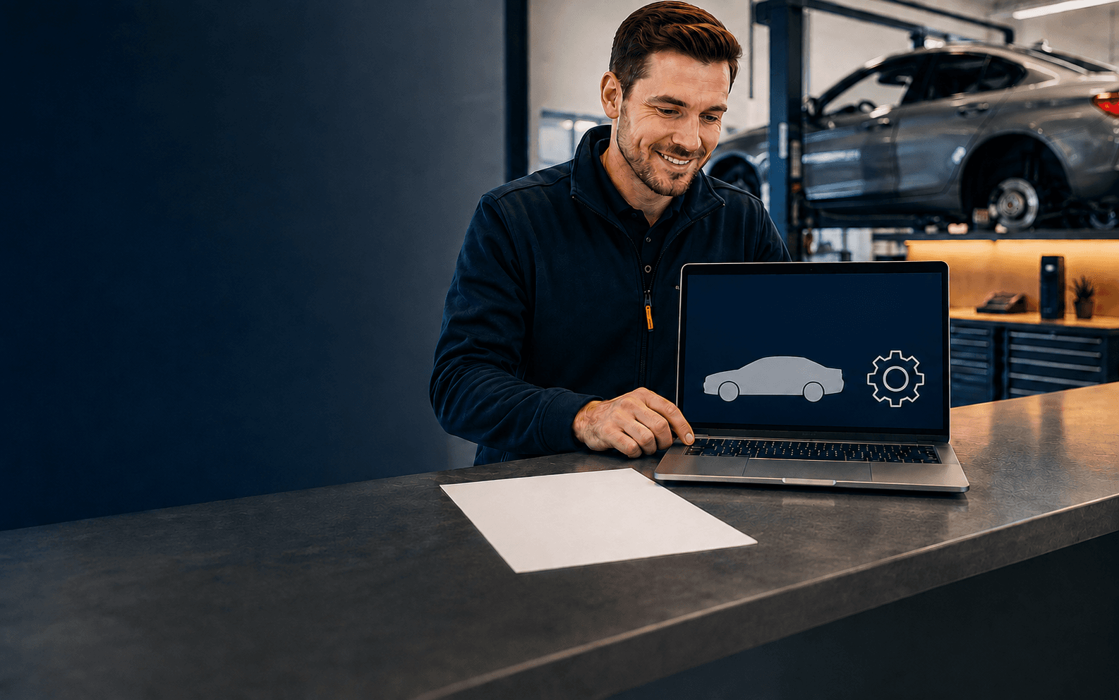 Mitarbeiter eines Fachbetriebs ermittelt die Getriebeausführung am Laptop